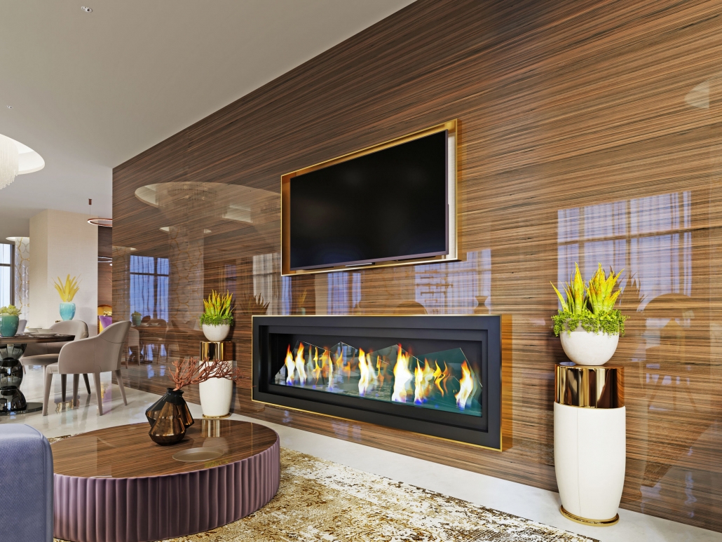 luxury designer lobby hotel with a fireplace and a TV set built into a glossy wooden wall with a pot on the sides.