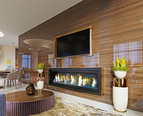 luxury designer lobby hotel with a fireplace and a TV set built into a glossy wooden wall with a pot on the sides.